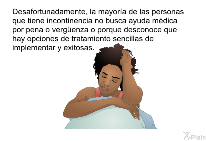 Desafortunadamente, la mayora de las personas que tiene incontinencia no busca ayuda mdica por pena o vergüenza o porque desconoce que hay opciones de tratamiento sencillas de implementar y exitosas.