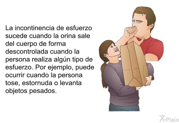 La incontinencia de esfuerzo sucede cuando la orina sale del cuerpo de forma descontrolada cuando la persona realiza algn tipo de esfuerzo. Por ejemplo, puede ocurrir cuando la persona tose, estornuda o levanta objetos pesados.
