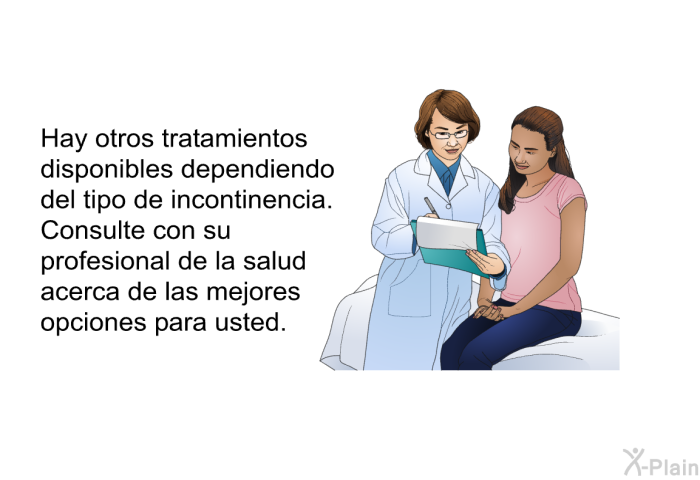 Hay otros tratamientos disponibles dependiendo del tipo de incontinencia. Consulte con su profesional de la salud acerca de las mejores opciones para usted.