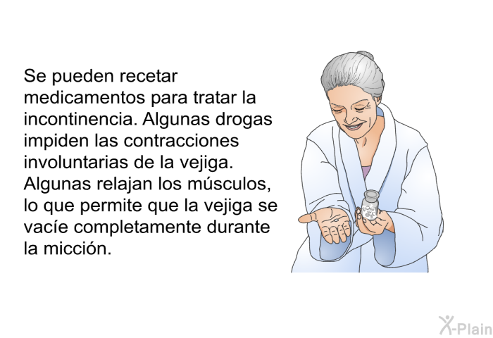 Se pueden recetar medicamentos para tratar la incontinencia. Algunas drogas impiden las contracciones involuntarias de la vejiga. Algunas relajan los msculos, lo que permite que la vejiga se vace completamente durante la miccin.