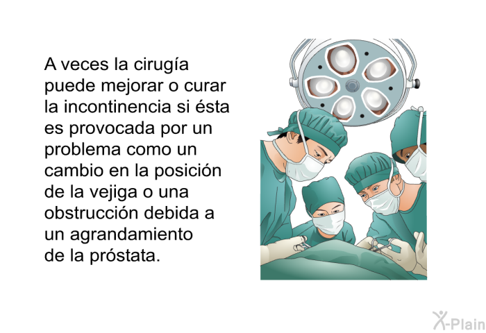 A veces la ciruga puede mejorar o curar la incontinencia si sta es provocada por un problema como un cambio en la posicin de la vejiga o una obstruccin debida a un agrandamiento de la prstata.