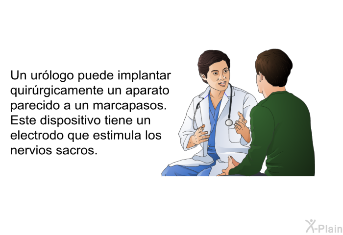 Un urlogo puede implantar quirrgicamente un aparato parecido a un marcapasos. Este dispositivo tiene un electrodo que estimula los nervios sacros.
