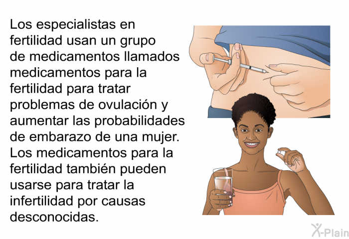 Los especialistas en fertilidad usan un grupo de medicamentos llamados medicamentos para la fertilidad para tratar problemas de ovulacin y aumentar las probabilidades de embarazo de una mujer. Los medicamentos para la fertilidad tambin pueden usarse para tratar la infertilidad por causas desconocidas.