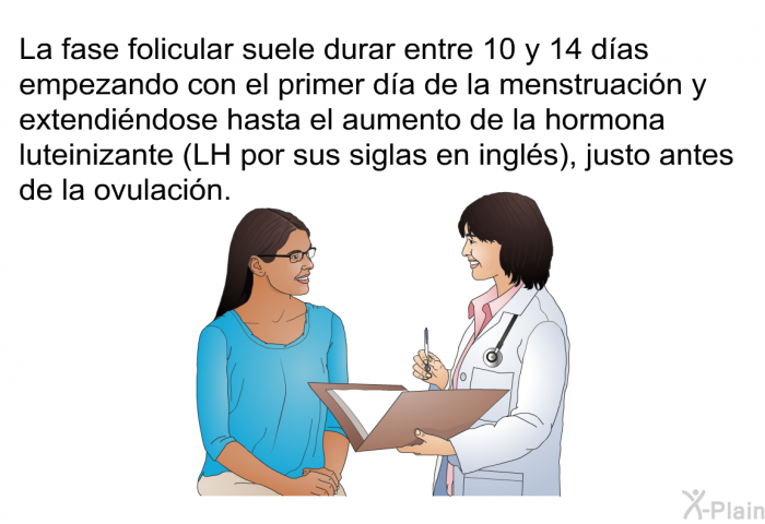 La fase folicular suele durar entre 10 y 14 das empezando con el primer da de la menstruacin y extendindose hasta el aumento de la hormona luteinizante (LH por sus siglas en ingls), justo antes de la ovulacin.