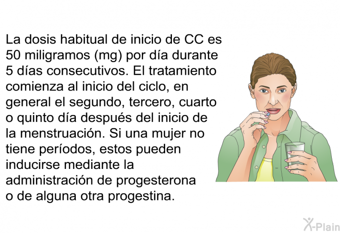 La dosis habitual de inicio de CC es 50 miligramos (mg) por d�a durante 5 d�as consecutivos. El tratamiento comienza al inicio del ciclo, en general el segundo, tercero, cuarto o quinto d�a despu�s del inicio de la menstruaci�n. Si una mujer no tiene per�odos, estos pueden inducirse mediante la administraci�n de progesterona o de alguna otra progestina.