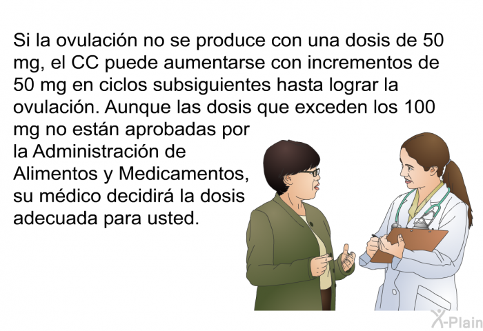 Si la ovulaci�n no se produce con una dosis de 50 mg, el CC puede aumentarse con incrementos de 50 mg en ciclos subsiguientes hasta lograr la ovulaci�n. Aunque las dosis que exceden los 100 mg no est�n aprobadas por la Administraci�n de Alimentos y Medicamentos, su m�dico decidir� la dosis adecuada para usted.
