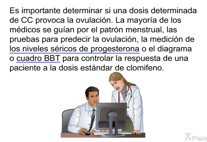 Es importante determinar si una dosis determinada de CC provoca la ovulaci�n. La mayor�a de los m�dicos se gu�an por el patr�n menstrual, las pruebas para predecir la ovulaci�n, la medici�n de los niveles s�ricos de progesterona o el diagrama o cuadro BBT para controlar la respuesta de una paciente a la dosis est�ndar de clomifeno.