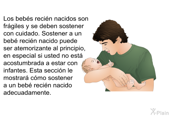 Los bebs recin nacidos son frgiles y se deben sostener con cuidado. Sostener a un beb recin nacido puede ser atemorizante al principio, en especial si usted no est acostumbrada a estar con infantes. Esta seccin le mostrar cmo sostener a un beb recin nacido adecuadamente.