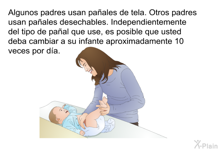 Algunos padres usan paales de tela. Otros padres usan paales desechables. Independientemente del tipo de paal que use, es posible que usted deba cambiar a su infante aproximadamente 10 veces por da.