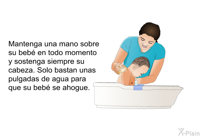 Mantenga una mano sobre su beb en todo momento y sostenga siempre su cabeza. Solo bastan unas pulgadas de agua para que su beb se ahogue.