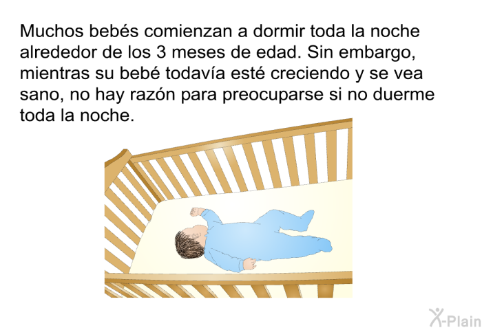 Muchos bebs comienzan a dormir toda la noche alrededor de los 3 meses de edad. Sin embargo, mientras su beb todava est creciendo y se vea sano, no hay razn para preocuparse si no duerme toda la noche.