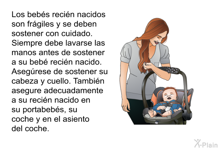 Los bebs recin nacidos son frgiles y se deben sostener con cuidado. Siempre debe lavarse las manos antes de sostener a su beb recin nacido. Asegrese de sostener su cabeza y cuello. Tambin asegure adecuadamente a su recin nacido en su portabebs, su coche y en el asiento del coche.