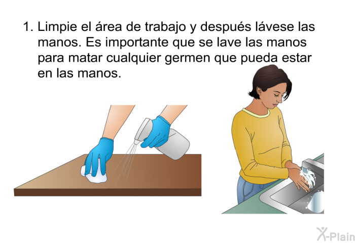 Limpie el rea de trabajo y despus lvese las manos. Es importante que se lave las manos para matar cualquier germen que pueda estar en las manos.