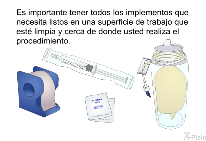 Es importante tener todos los implementos que necesita listos en una superficie de trabajo que est limpia y cerca de donde usted realiza el procedimiento.