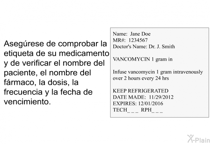 Asegrese de comprobar la etiqueta de su medicamento y de verificar el nombre del paciente, el nombre del frmaco, la dosis, la frecuencia y la fecha de vencimiento.