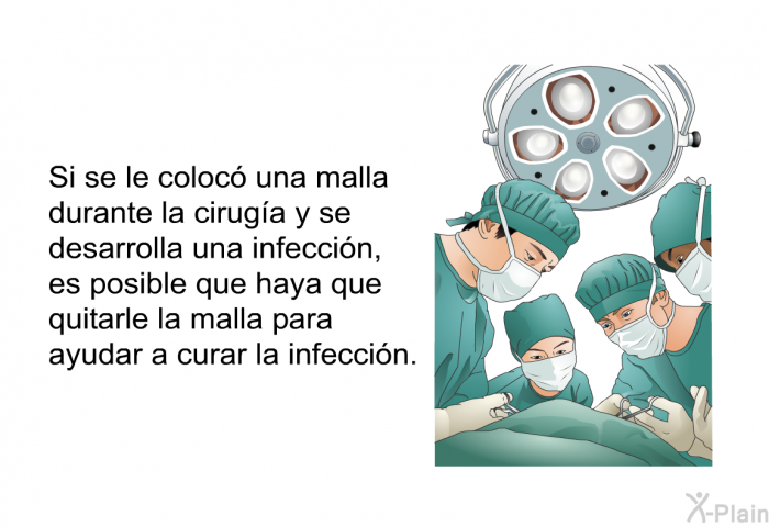 Si se le coloc una malla durante la ciruga y se desarrolla una infeccin, es posible que haya que quitarle la malla para ayudar a curar la infeccin.