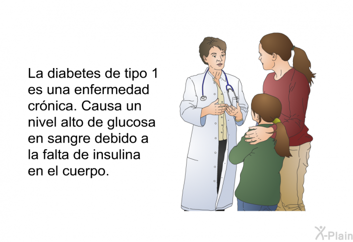 La diabetes de tipo 1 es una enfermedad crnica. Causa un nivel alto de glucosa en sangre debido a la falta de insulina en el cuerpo.
