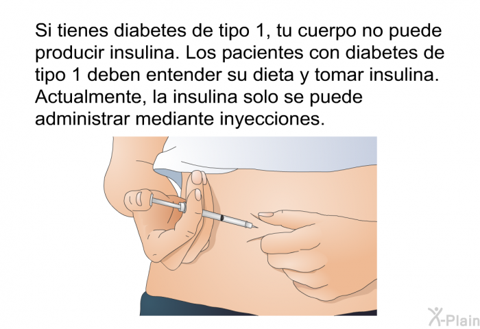 Si tienes diabetes de tipo 1, tu cuerpo no puede producir insulina. Los pacientes con diabetes de tipo 1 deben entender su dieta y tomar insulina. Actualmente, la insulina solo se puede administrar mediante inyecciones.