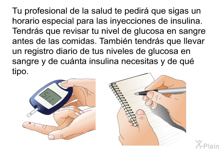 Tu profesional de la salud te pedir que sigas un horario especial para las inyecciones de insulina. Tendrs que revisar tu nivel de glucosa en sangre antes de las comidas. Tambin tendrs que llevar un registro diario de tus niveles de glucosa en sangre y de cunta insulina necesitas y de qu tipo.