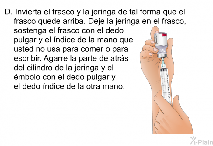Invierta el frasco y la jeringa de tal forma que el frasco quede arriba. Deje la jeringa en el frasco, sostenga el frasco con el dedo pulgar y el ndice de la mano que usted no usa para comer o para escribir. Agarre la parte de atrs del cilindro de la jeringa y el mbolo con el dedo pulgar y el dedo ndice de la otra mano.