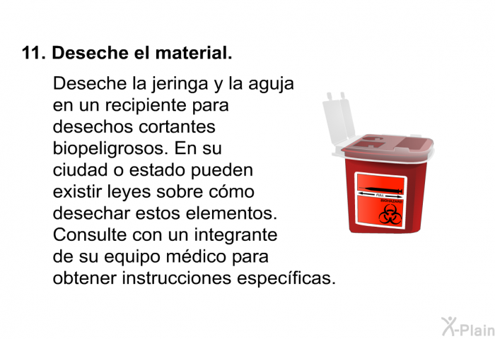 Deseche el material.  Deseche la jeringa y la aguja en un recipiente para desechos cortantes biopeligrosos. En su ciudad o estado pueden existir leyes sobre cmo desechar estos elementos. Consulte con un integrante de su equipo mdico para obtener instrucciones especficas.