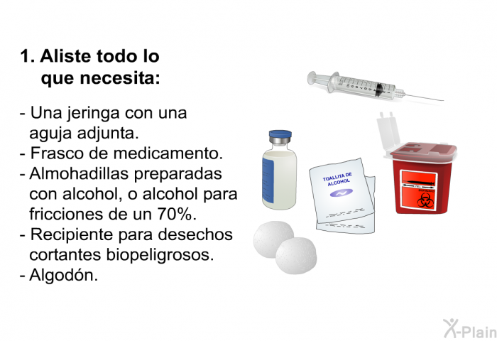 Aliste todo lo que necesita:   Una jeringa con una aguja adjunta. Frasco de medicamento. Almohadillas preparadas con alcohol, o alcohol para fricciones de un 70%. Recipiente para desechos cortantes biopeligrosos. Algodn.