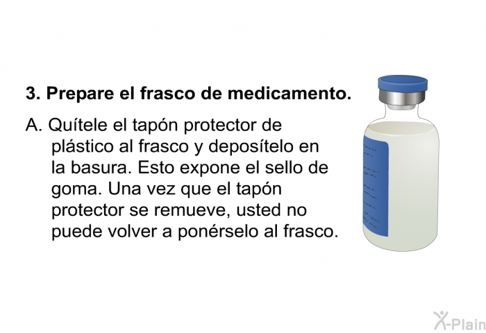 Prepare el frasco de medicamento.   Qutele el tapn protector de plstico al frasco y depostelo en la basura. Esto expone el sello de goma. Una vez que el tapn protector se remueve, usted no puede volver a ponrselo al frasco.