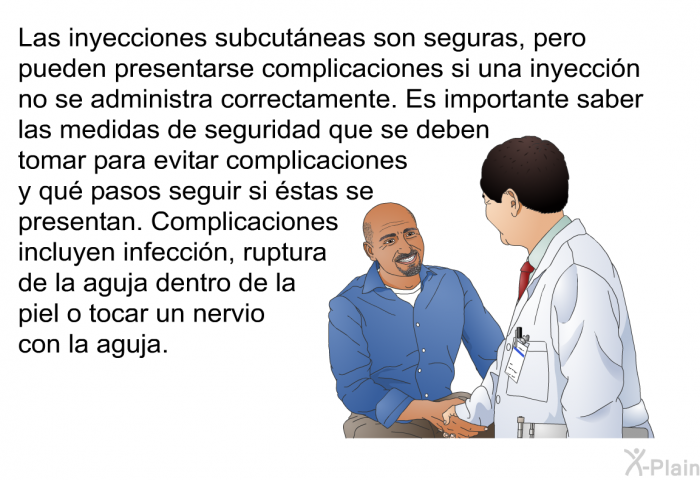 Las inyecciones subcutneas son seguras, pero pueden presentarse complicaciones si una inyeccin no se administra correctamente. Es importante saber las medidas de seguridad que se deben tomar para evitar complicaciones y qu pasos seguir si stas se presentan. Complicaciones incluyen infeccin , ruptura de la aguja dentro de la piel o tocar un nervio con la aguja.