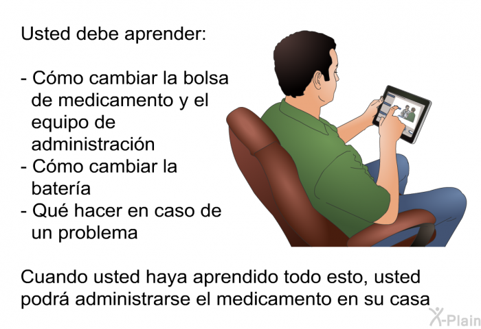 Usted debe aprender:  Cmo cambiar la bolsa de medicamento y el equipo de administracin Cmo cambiar la batera Qu hacer en caso de un problema  
 Cuando usted haya aprendido todo esto, usted podr administrarse el medicamento en su casa.