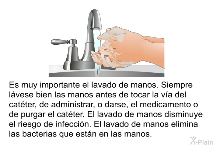 Es muy importante el lavado de manos. Siempre lvese bien las manos antes de tocar la va del catter, de administrar, o darse, el medicamento o de purgar el catter. El lavado de manos disminuye el riesgo de infeccin. El lavado de manos elimina las bacterias que estn en las manos.