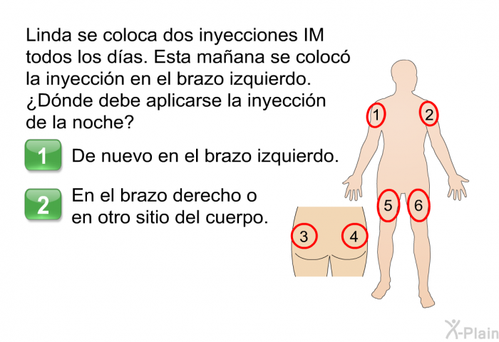 Linda se coloca dos inyecciones IM todos los das. Esta maana se coloc la inyeccin en el brazo izquierdo. ¿Dnde debe aplicarse la inyeccin de la noche?  De nuevo en el brazo izquierdo. En el brazo derecho o en otro sitio del cuerpo.