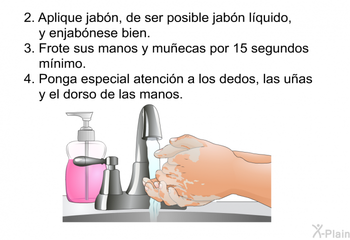 Aplique jabn, de ser posible jabn lquido, y enjabnese bien.  Frote sus manos y muecas por <U>15 segundos mnimo</U>. Ponga especial atencin a los dedos, las uas y el dorso de las manos. 