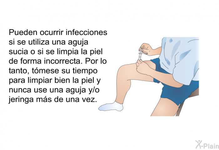 Pueden ocurrir infecciones si se utiliza una aguja sucia o si se limpia la piel de forma incorrecta. Por lo tanto, tmese su tiempo para limpiar bien la piel y nunca use una aguja y/o jeringa ms de una vez. 