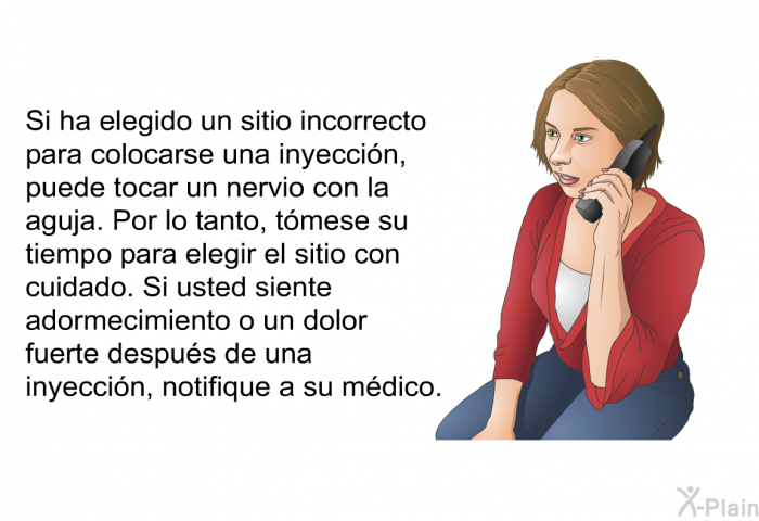Si ha elegido un sitio incorrecto para colocarse una inyeccin, puede tocar un nervio con la aguja. Por lo tanto, tmese su tiempo para elegir el sitio con cuidado. Si usted siente adormecimiento o un dolor fuerte despus de una inyeccin, notifique a su mdico.