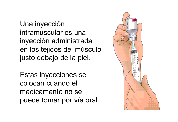 Una inyeccin intramuscular es una inyeccin administrada en los tejidos del msculo justo debajo de la piel. Estas inyecciones se colocan cuando el medicamento no se puede tomar por va oral.