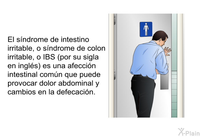 El sndrome de intestino irritable, o sndrome de colon irritable, o IBS (por su sigla en ingls) es una afeccin intestinal comn que puede provocar dolor abdominal y cambios en la defecacin.
