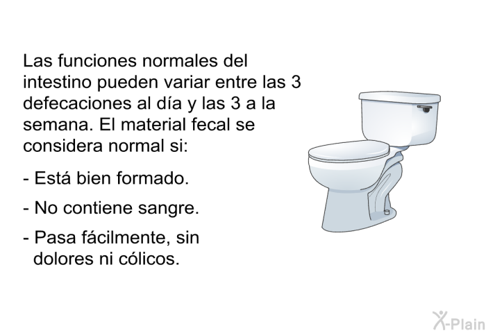 Las funciones normales del intestino pueden variar entre las 3 defecaciones al da y las 3 a la semana. El material fecal se considera normal si:  Est bien formado. No contiene sangre. Pasa fcilmente, sin dolores ni clicos.