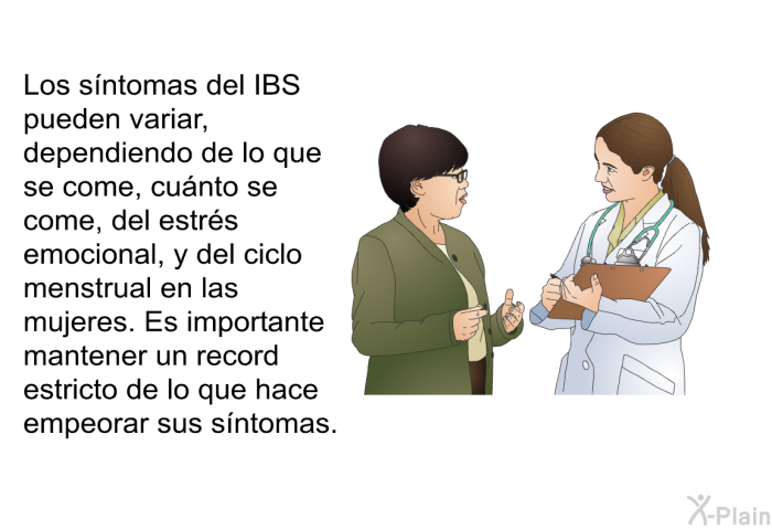 Los sntomas del IBS pueden variar, dependiendo de lo que se come, cunto se come, del estrs emocional, y del ciclo menstrual en las mujeres. Es importante mantener un record estricto de lo que hace empeorar sus sntomas.