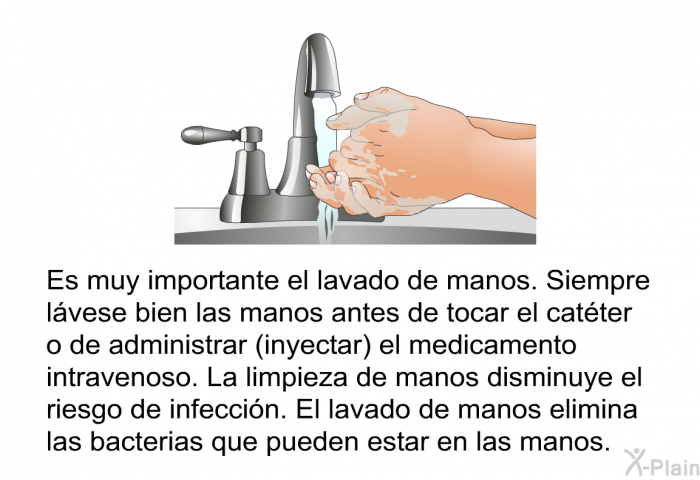 Es muy importante el lavado de manos. Siempre lvese bien las manos antes de tocar el catter o de administrar (inyectar) el medicamento intravenoso. La limpieza de manos disminuye el riesgo de infeccin. El lavado de manos elimina las bacterias que pueden estar en las manos.