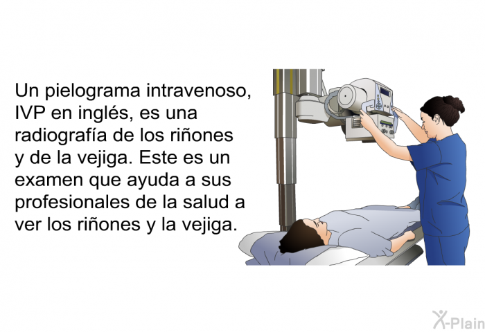 Un pielograma intravenoso, IVP en ingls, es una radiografa de los riones y de la vejiga. Este es un examen que ayuda a sus profesionales de la salud a ver los riones y la vejiga.