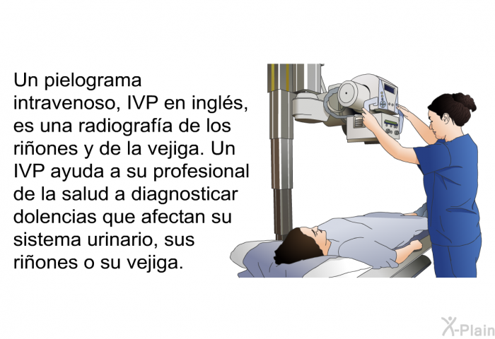Un pielograma intravenoso, IVP en ingls, es una radiografa de los riones y de la vejiga. Un IVP ayuda a su profesional de la salud a diagnosticar dolencias que afectan su sistema urinario, sus riones o su vejiga.