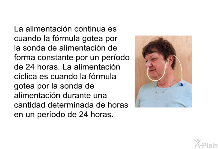 La alimentacin continua es cuando la frmula gotea por la sonda de alimentacin de forma constante por un perodo de 24 horas. La alimentacin cclica es cuando la frmula gotea por la sonda de alimentacin durante una cantidad determinada de horas en un perodo de 24 horas.