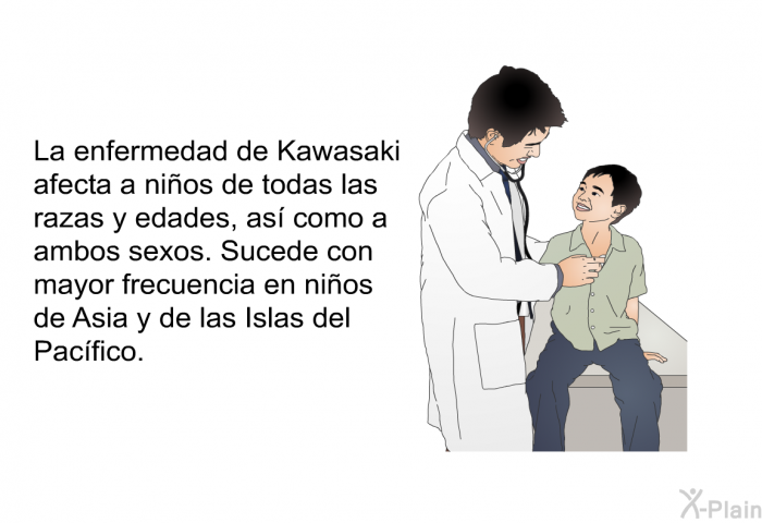 La enfermedad de Kawasaki afecta a nios de todas las razas y edades, as como a ambos sexos. Sucede con mayor frecuencia en nios de Asia y de las Islas del Pacfico.