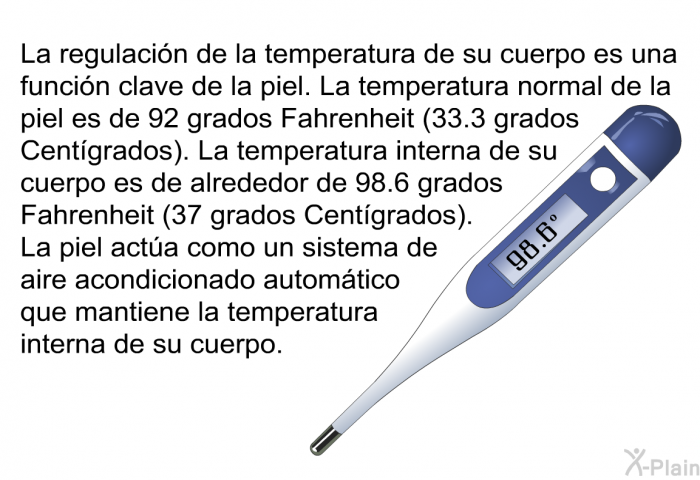 La regulacin de la temperatura de su cuerpo es una funcin clave de la piel. La temperatura normal de la piel es de 92 grados Fahrenheit (33.3 grados Centgrados). La temperatura interna de su cuerpo es de alrededor de 98.6 grados Fahrenheit (37 grados Centgrados). La piel acta como un sistema de aire acondicionado automtico que mantiene la temperatura interna de su cuerpo.