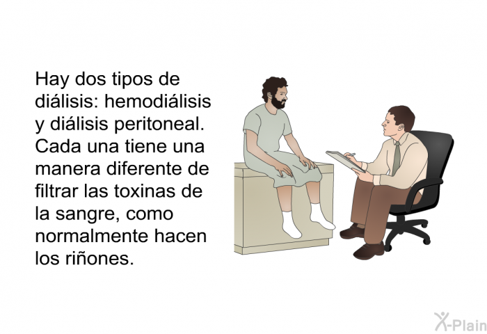 Hay dos tipos de di�lisis: hemodi�lisis y di�lisis peritoneal. Cada una tiene una manera diferente de filtrar las toxinas de la sangre, como normalmente hacen los ri�ones.