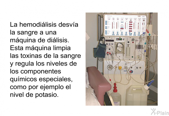 La hemodi�lisis desv�a la sangre a una m�quina de di�lisis. Esta m�quina limpia las toxinas de la sangre y regula los niveles de los componentes qu�micos especiales, como por ejemplo el nivel de potasio.
