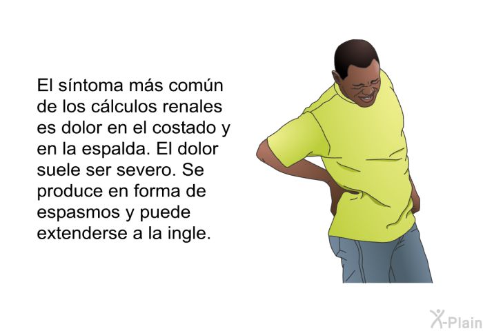 El s�ntoma m�s com�n de los c�lculos renales es dolor en el costado y en la espalda. El dolor suele ser severo. Se produce en forma de espasmos y puede extenderse a la ingle.