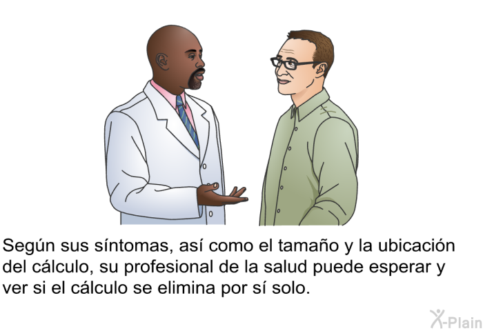 Seg�n sus s�ntomas, as� como el tama�o y la ubicaci�n del c�lculo, su profesional de la salud puede esperar y ver si el c�lculo se elimina por s� solo.