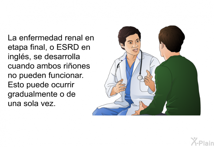 La enfermedad renal en etapa final, o ESRD en ingls, se desarrolla cuando ambos riones no pueden funcionar. Esto puede ocurrir gradualmente o de una sola vez.