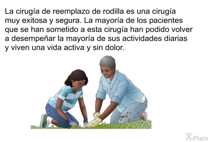 La ciruga de reemplazo de rodilla es una ciruga muy exitosa y segura. La mayora de los pacientes que se han sometido a esta ciruga han podido volver a desempear la mayora de sus actividades diarias y viven una vida activa e sin dolor.